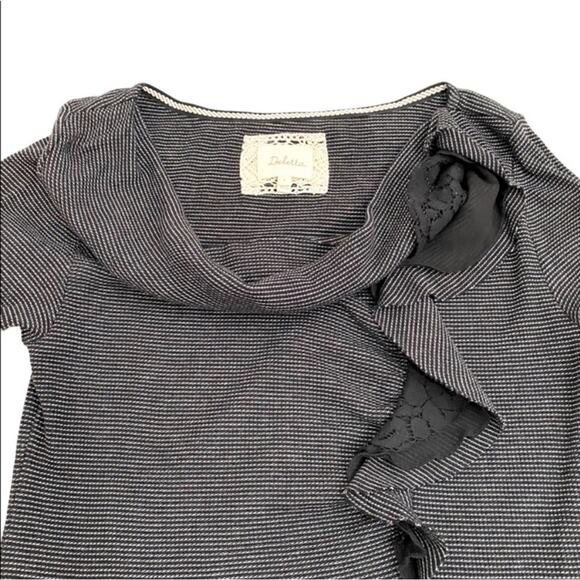 Anthropologie Deletta Black & Gray Striped Ophelia Ruffle & Lace Knit Top,Size M - Picture 6 of 12